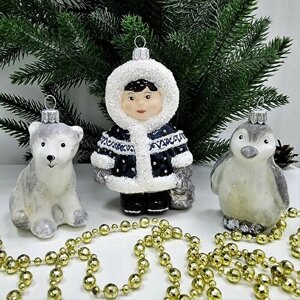 Набор авторских елочных игрушек из стекла Irena-Co Мишка, пингвин и эскимос