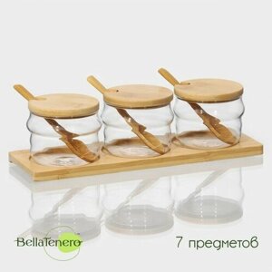Набор банок стеклянных для сыпучих продуктов с ложками на бамбуковой подставке BellaTenero «Эко. Грани», 3 предмета: 295 мл, 301013 см
