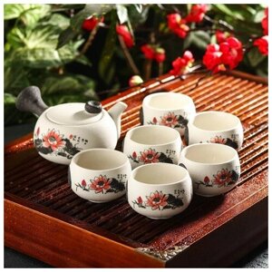 Набор для чайной церемонии керамический "Нежный цветок", 7 предметов: чайник 180 мл, 6 чашек 70 мл, цвет белый