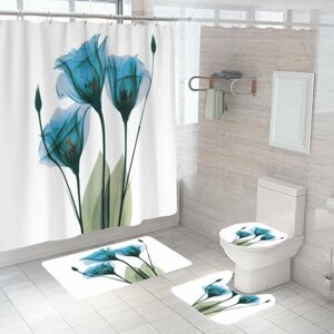 Набор для ванной комнаты 4 в 1 , коврик для ванной, коврик для туалета, накладка на унитаз, шторка в ванную 180 на 180 см синие цветы