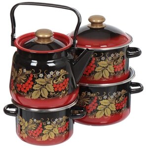 Набор эмалированной посуды Сибирские товары Рябинка (кастрюля 2+3+4 л, чайник), 8 предметов