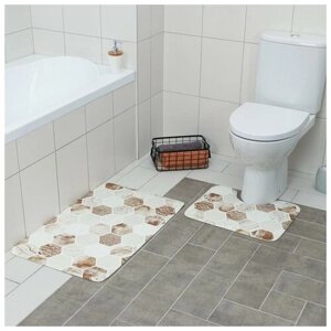 Набор ковриков для ванной и туалета Доляна «Соты», 2 шт: 7950, 5039 см, цвет коричнево-бежевый