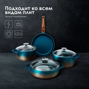 Набор посуды для приготовления O. M. S. COLLECTION кастрюли с крышками и сковородка с антипригарным покрытием, 7 предметов, цвет ментол