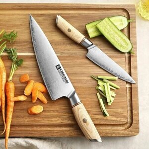 Набор японских кухонных ножей Kimatsugi Yorokobi. Шеф-нож и Универсальный. Дамасская сталь 3 слоя. VG-10 в обкладках. Каждый нож в подарочной коробке
