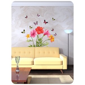 Наклейка интерьерная для декора на стену тропические цветы И бабочки / 182см х 144см