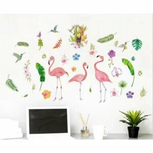 Наклейка пластик интерьерная цветная "Фламинго, тукан и колибри" 60х90 см