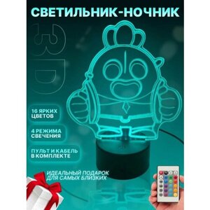 Ночник детский Бравл Спайк, 3D Светильник-ночник светодиодный, разноцветный, Led-Светильник на батарейках