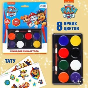 Paw Patrol Грим для лица и тела, карандаши 6 цветов, блестки, аппликатор, тату "Команда", Щенячий патруль