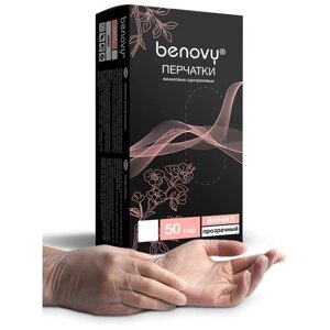Перчатки Benovy виниловые одноразовые, 50 пар, размер L, цвет прозрачный