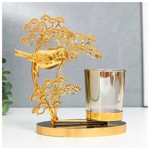 Подсвечник металл, стекло на 1 свечу Птица на деревце d-5 см, золото 8 х 15 х 17,5 см