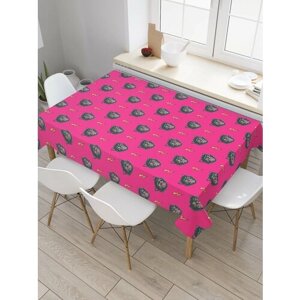 Прямоугольная тканевая скатерть на стол JoyArty с рисунком "Кот и молния на розовом фоне" 145 на 180 см