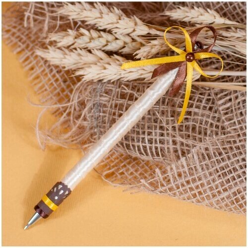 Ручка для книги пожеланий на свадьбу и роспись в загсе "Осенняя" с декором из атласной лентыайвори, с желтыми и коричневыми бантиками