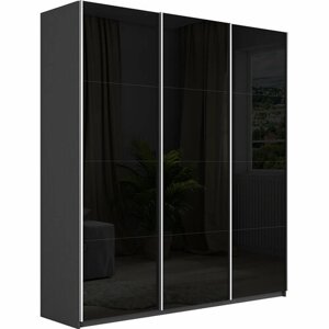 Шкаф купе для одежды с доводчиком , цвет Серый Диамант, 230х210х57см (ВхШхГ), три двери, 3 Черных Стекла