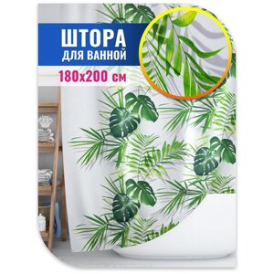 Штора из полиэстера для ванной комнаты, 200х180 см Джунгли, цвет зеленый, белый