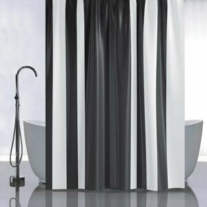Штора с рисунком, черные полосы вертикальные, в ванную комнату, без колец, полиэстер 180 х180 см