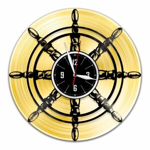 Штурвал - настенные часы из виниловой пластинки (с золотой подложкой)