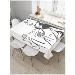 Скатерть прямоугольная JoyArty на кухонный стол "Примерка кофты" из оксфорда, 180x145 см