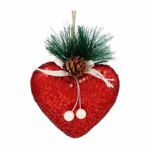 Сноу БУМ Елочная игрушка в виде сердца в пайетках и с глиттером с хвойным декором, 8*8 см, цвет красный
