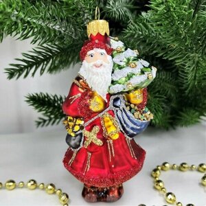 Стеклянная елочная игрушка Irena-Co Дед Мороз с елкой царский