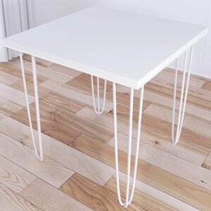 Стол кухонный Loft с квадратный столешницей белого цвета из массива сосны 40 мм и белыми ножками-шпильками, 80x80х75 см