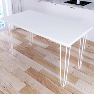 Стол кухонный Loft со столешницей белого цвета из массива сосны 40 мм и белыми металлическими ножками-шпильками, 130х70х75 см