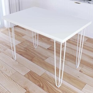 Стол кухонный Loft со столешницей белого цвета из массива сосны 40 мм на белых металлических ножках-шпильках, 110x70х75 см