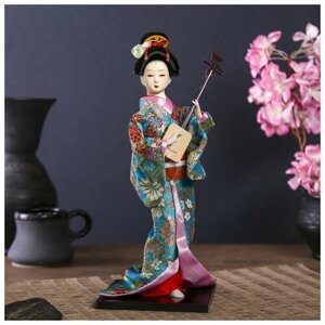 SUI Кукла коллекционная "Гейша в цветочном кимоно с музыкальным инструментом" 30 см