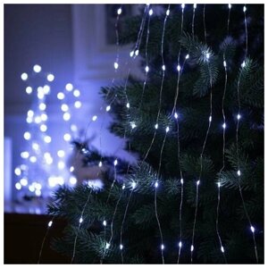 Светодиодная гирлянда дождь "Конский хвост" 10 нитей по 1 м, электрогирлянда на елку на батарейках AAх3, интерьерное украшение, праздничное освещение Новый год, медная нить, 100 LED фонариков, свечение белое, 2