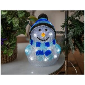 Светящаяся фигура снеговик В голубой шапочке, акрил, 20 холодных белых LED-огней, 24 см, таймер, батарейки, уличный, Kaemingk (Lumineo) 492144-голубой