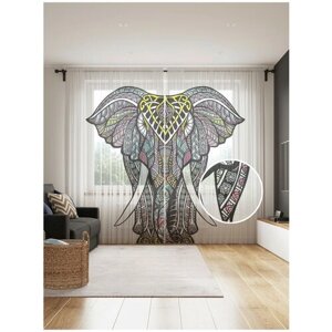 Тюль для кухни и спальни JoyArty "Индийский слон", 2 полотна со шторной лентой шириной по 145 см, высота 265 см.