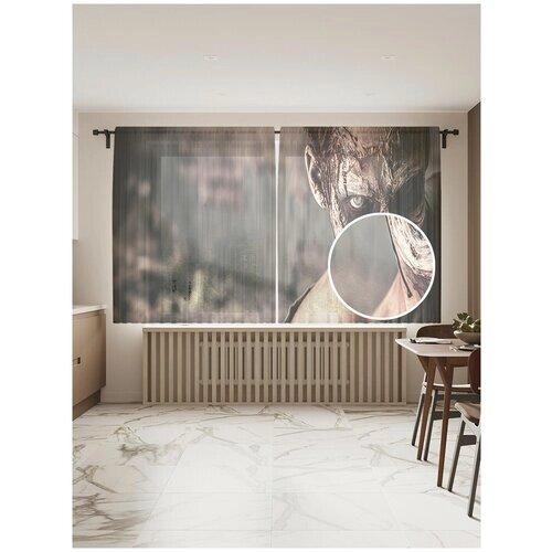 Тюль для кухни и спальни JoyArty "Оживший зомби", 2 полотна со шторной лентой шириной по 145 см, высота 180 см.