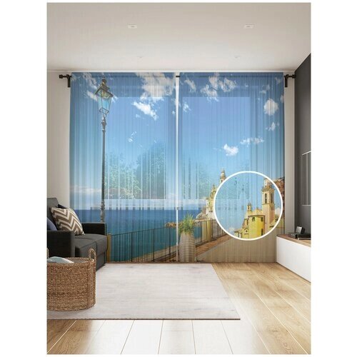 Тюль для кухни и спальни JoyArty "Вдоль побережья", 2 полотна со шторной лентой шириной по 145 см, высота 265 см.