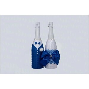 Украшение на свадебное шампанское "Классика", в синем цвете