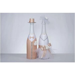 Украшение на свадебное шампанское "Шарм" в телесно-пудровом цвете / Украшение на свадебные бутылки молодоженов