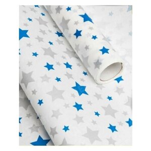 Упаковочная бумага новогодняя белая крафт (70см x 10м) Звезды синий, серебро