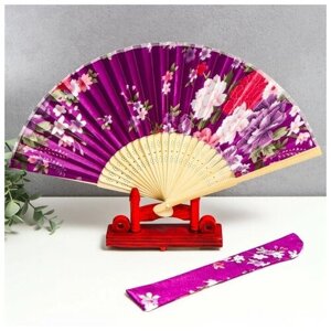 Веер бамбук, текстиль h=21 см "Цветы" с чехлом, фиолетовый. В упаковке шт: 1
