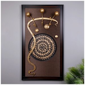 Вешалка настенная Bogacho Heri коричневая 3 крючка с декоративным панно и кованым элементом бронзового цвета ручная работа
