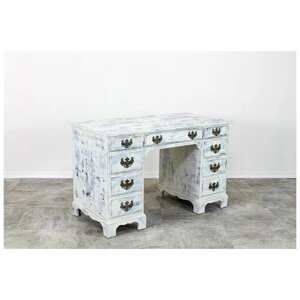 Винтажный бело-голубой письменный стол в стиле прибрежной кампании, семь ящиков 123 х 79 х 65 см