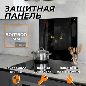 Защитный экран для плиты от брызг стекло "Черный кот 2" 500х500 мм