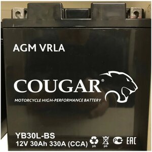 Аккумулятор мотоциклетный Cougar AGM YB30L-BS 12V 30Ah (залит и готов к применению)
