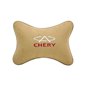 Автомобильная подушка на подголовник алькантара Beige с логотипом автомобиля CHERY