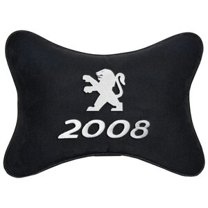 Автомобильная подушка на подголовник алькантара Black c логотипом автомобиля PEUGEOT 2008