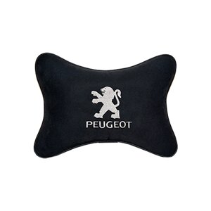 Автомобильная подушка на подголовник алькантара Black с логотипом автомобиля PEUGEOT