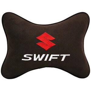 Автомобильная подушка на подголовник алькантара Coffee с логотипом автомобиля SUZUKI SWIFT