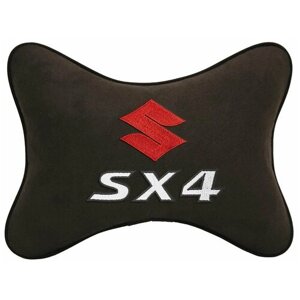 Автомобильная подушка на подголовник алькантара Coffee с логотипом автомобиля SUZUKI SX-4