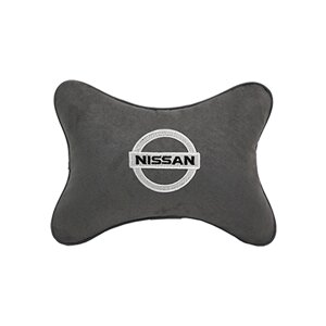 Автомобильная подушка на подголовник алькантара D. Grey с логотипом автомобиля NISSAN