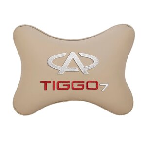 Автомобильная подушка на подголовник экокожа Beige с логотипом автомобиля CHERY Tiggo 7
