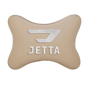 Автомобильная подушка на подголовник экокожа Beige с логотипом автомобиля JETTA