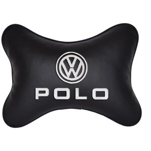 Автомобильная подушка на подголовник экокожа Black с логотипом автомобиля VOLKSWAGEN POLO