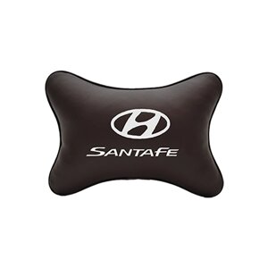 Автомобильная подушка на подголовник экокожа Coffee c логотипом автомобиля Hyundai Santa Fe